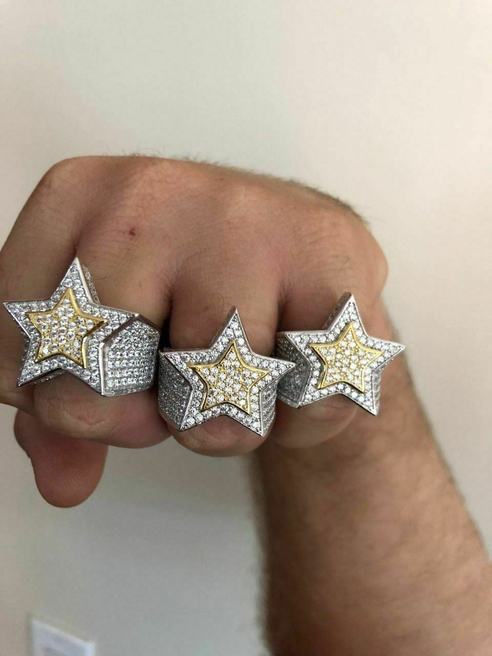 HarlemBling Mens Hip Hop 3D STAR Solid 14k Gold and 925 Silver Diamond Pinky RING Real Icy