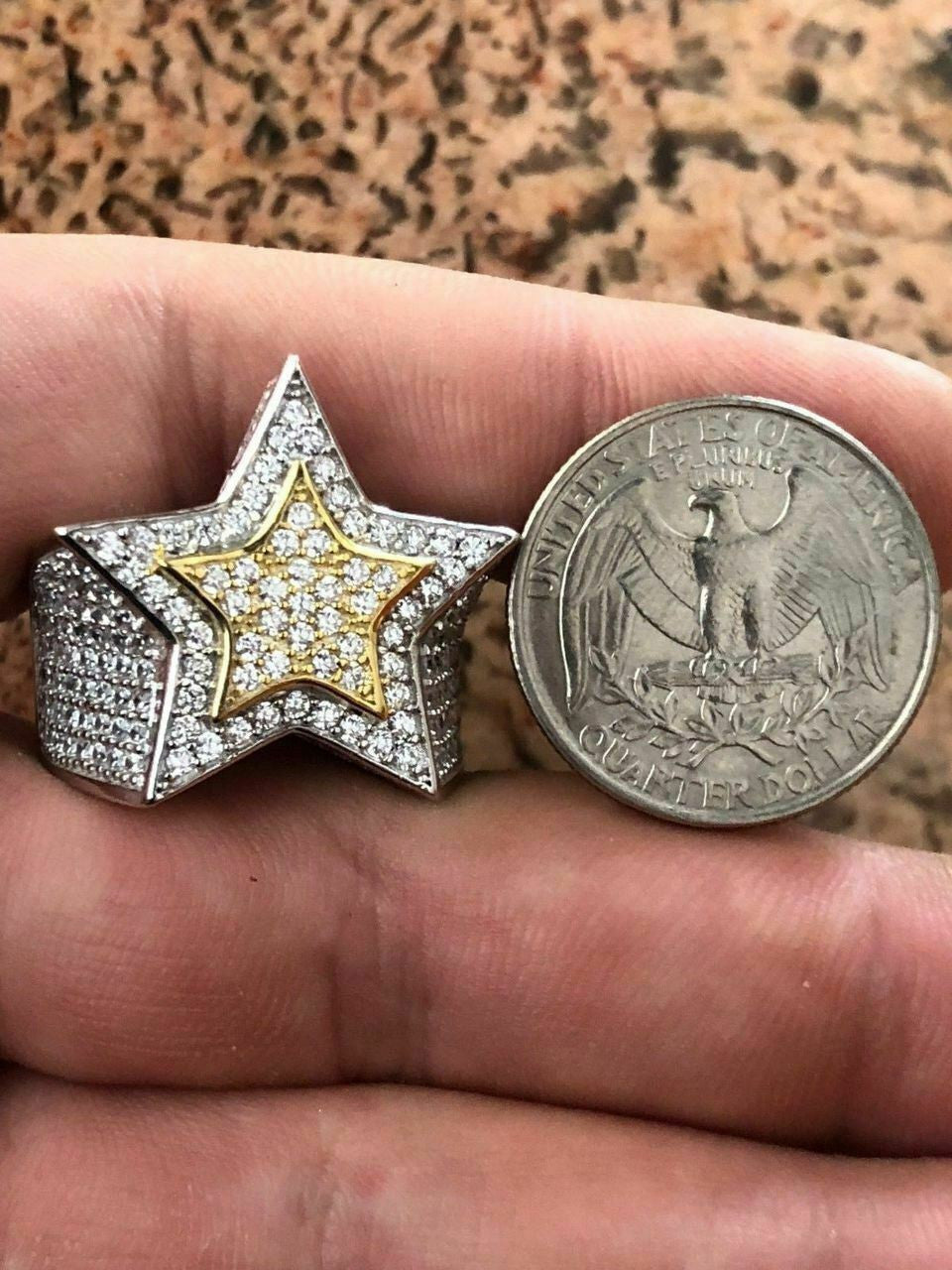HarlemBling Mens Hip Hop 3D STAR Solid 14k Gold and 925 Silver Diamond Pinky RING Real Icy