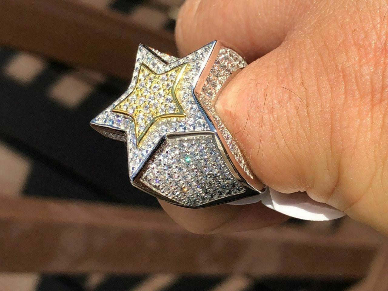 HarlemBling Mens Hip Hop 3D STAR Solid 14k Gold and 925 Silver Diamond Pinky RING Real Icy