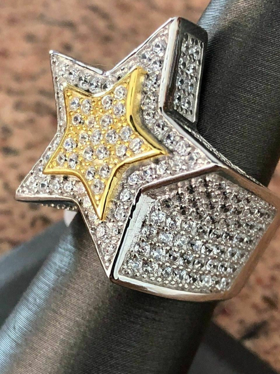 HarlemBling Mens Hip Hop 3D STAR Solid 14k Gold and 925 Silver Diamond Pinky RING Real Icy
