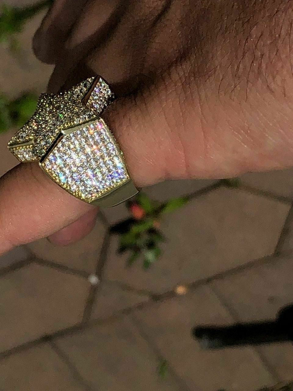HarlemBling Mens Hip Hop 3D STAR Solid 925 Silver 5ct Diamond Pinky RING 14k Gold Real ICED