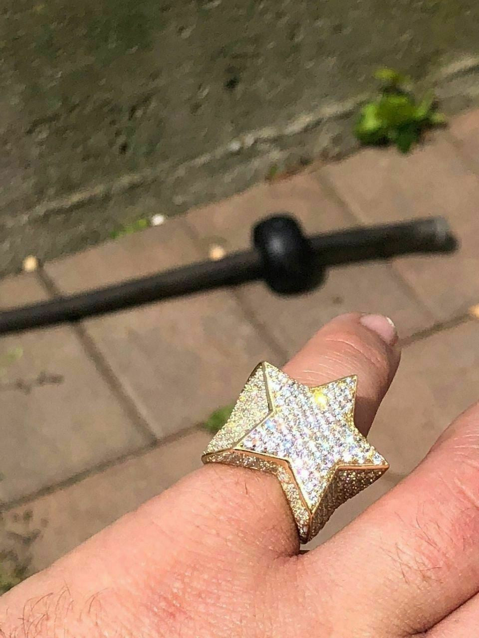 HarlemBling Mens Hip Hop 3D STAR Solid 925 Silver 5ct Diamond Pinky RING 14k Gold Real ICED