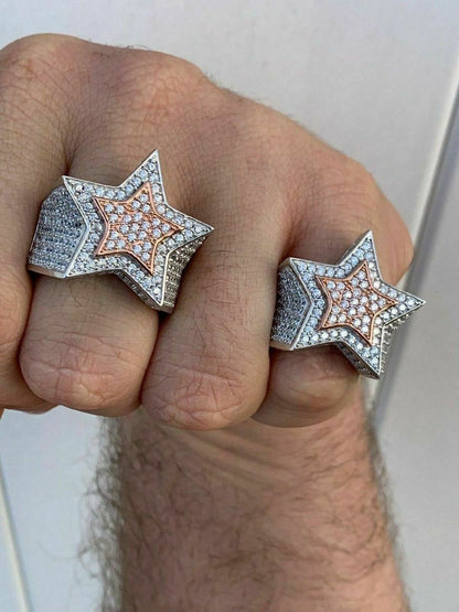 HarlemBling Mens Hip Hop 3D STAR Solid Rose Gold and 925 Silver Diamond Pinky RING Real Icy