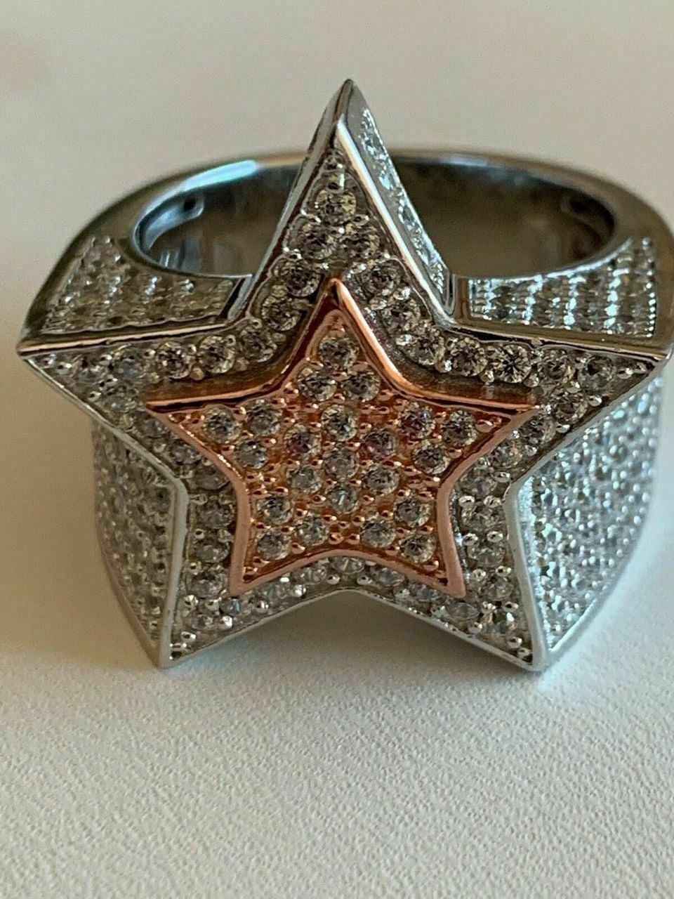 Men's Hip Hop 3D STAR Solid Rose Gold & 925 Silver Diamond Pinky