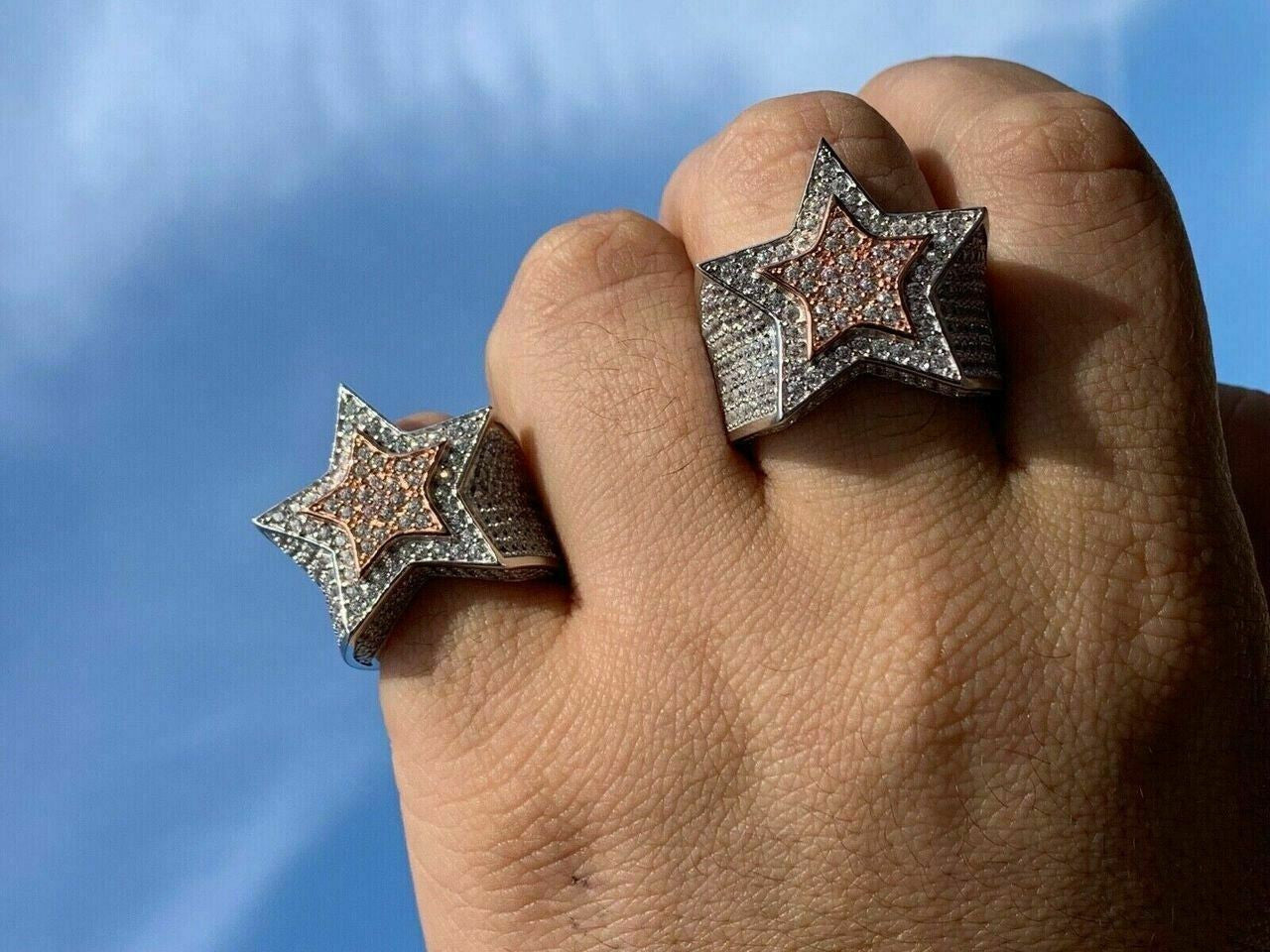 HarlemBling Mens Hip Hop 3D STAR Solid Rose Gold and 925 Silver Diamond Pinky RING Real Icy