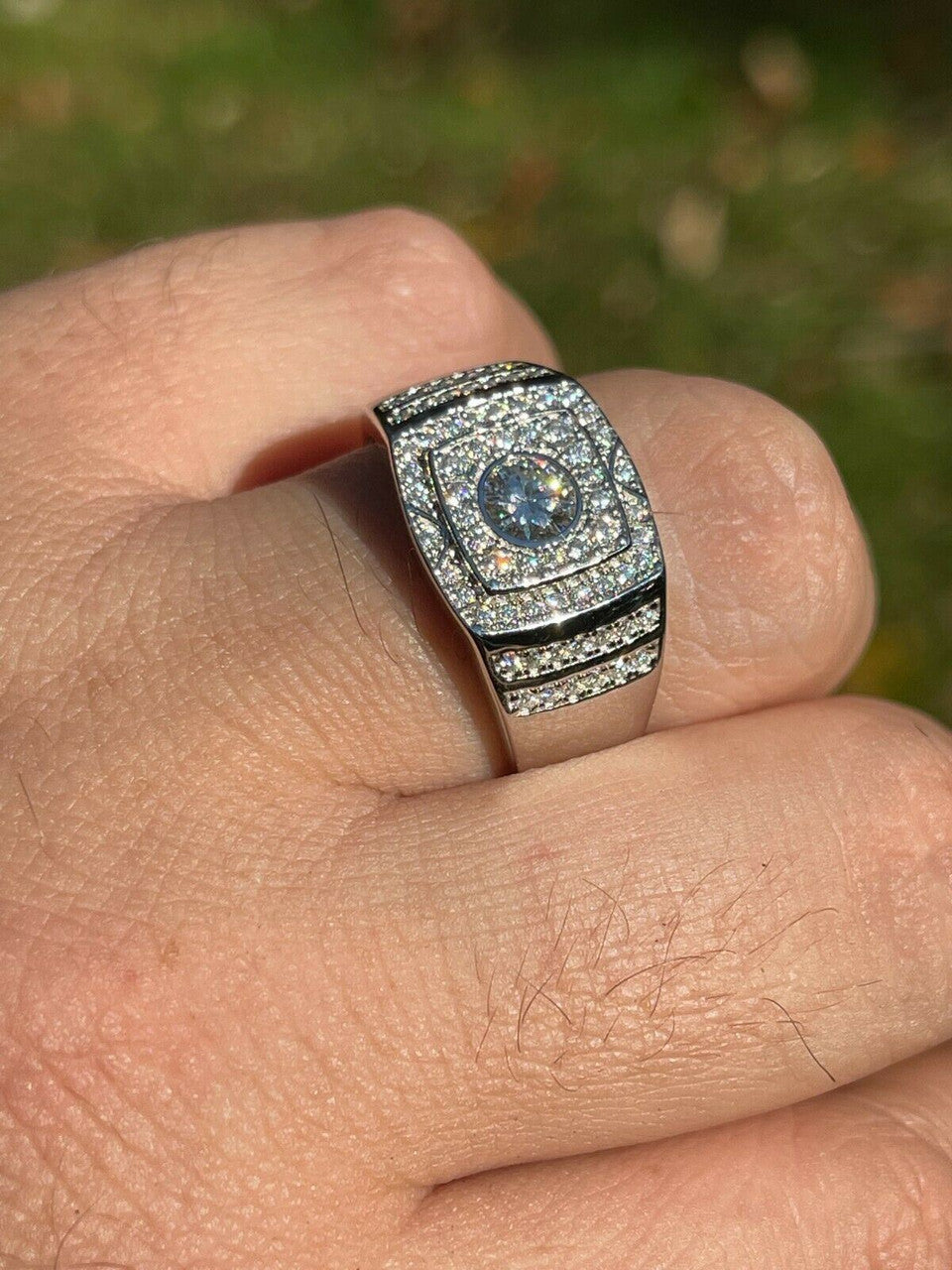 HarlemBling Mens Hip Hop Out Iced Moissanite Ring Real 925 Silver Pinky Passes Diamond Test