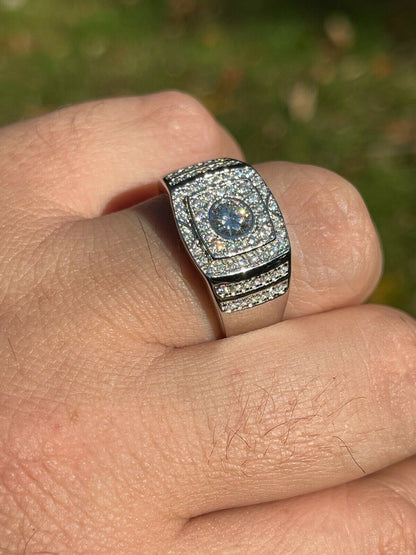 HarlemBling Mens Hip Hop Out Iced Moissanite Ring Real 925 Silver Pinky Passes Diamond Test