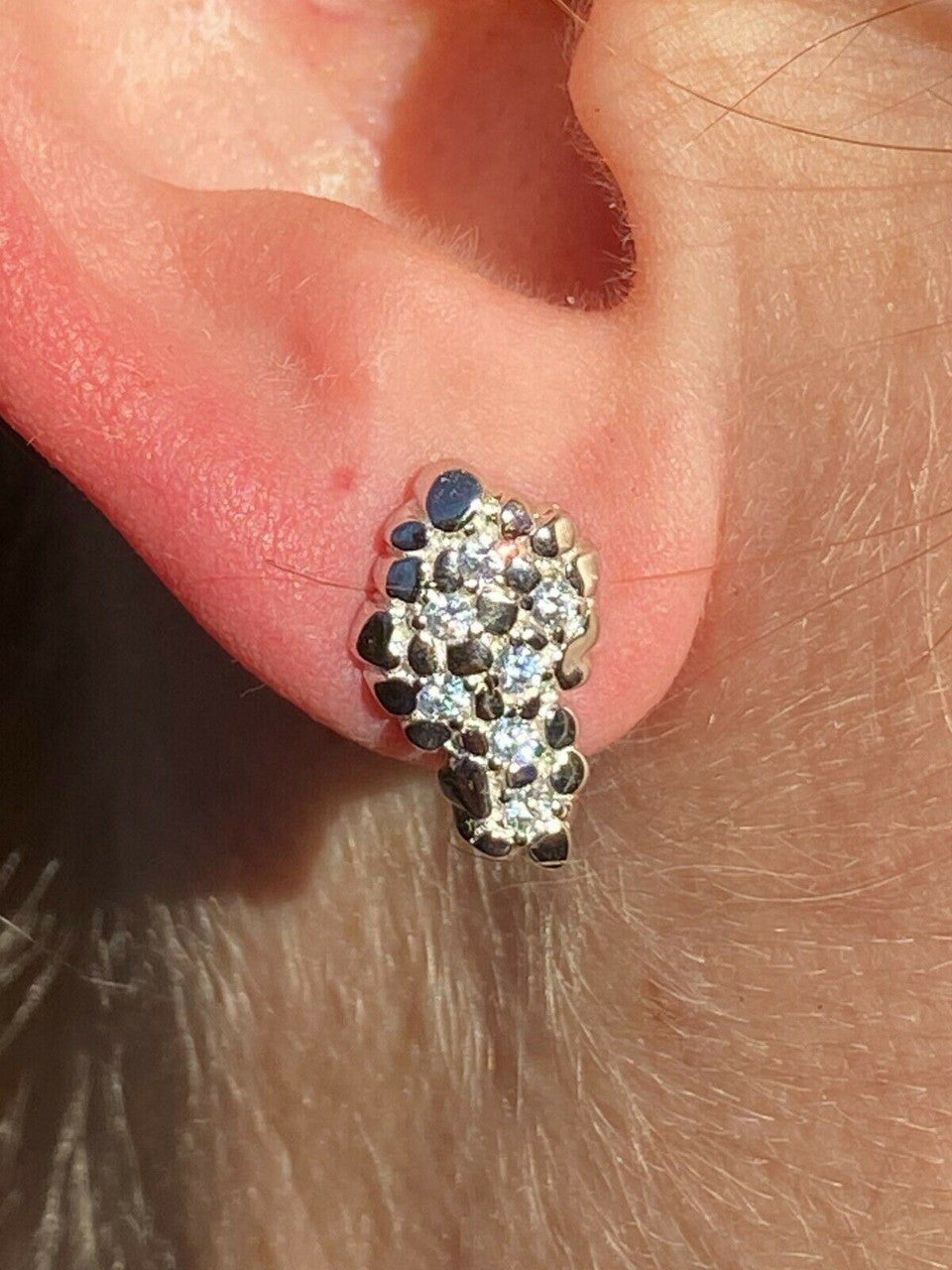 HarlemBling Mens HipHop Real Solid 925 Sterling Silver Gold Nugget Earrings Large Iced Studs