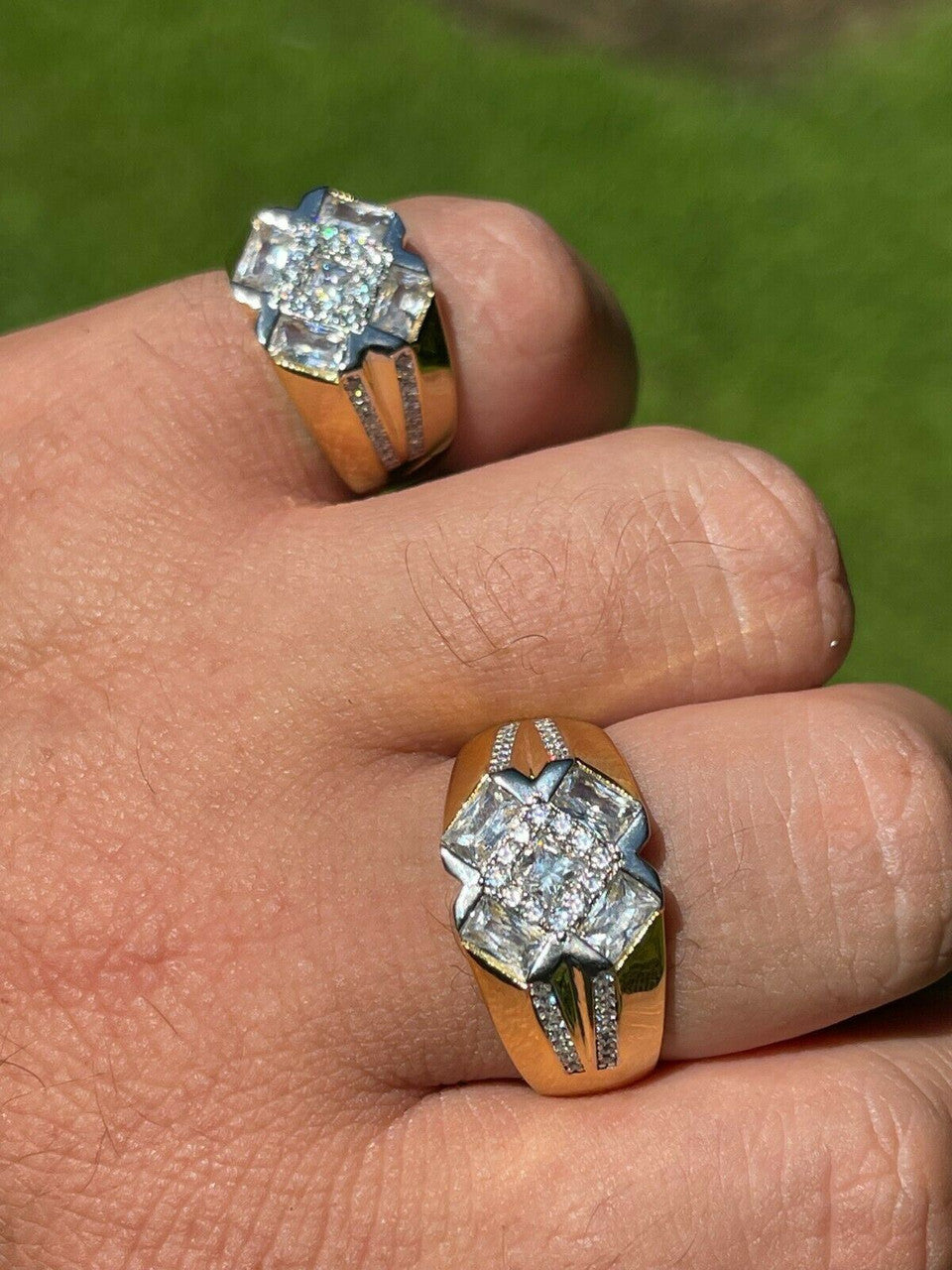 HarlemBling Mens Iced 14k Gold and Real Solid 925 Silver Diamond RING Size 6 7 8 9 10 11 12