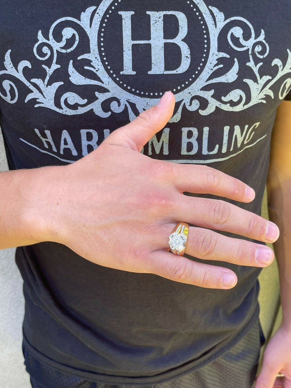 HarlemBling Mens Iced 14k Gold and Real Solid 925 Silver Diamond RING Size 6 7 8 9 10 11 12