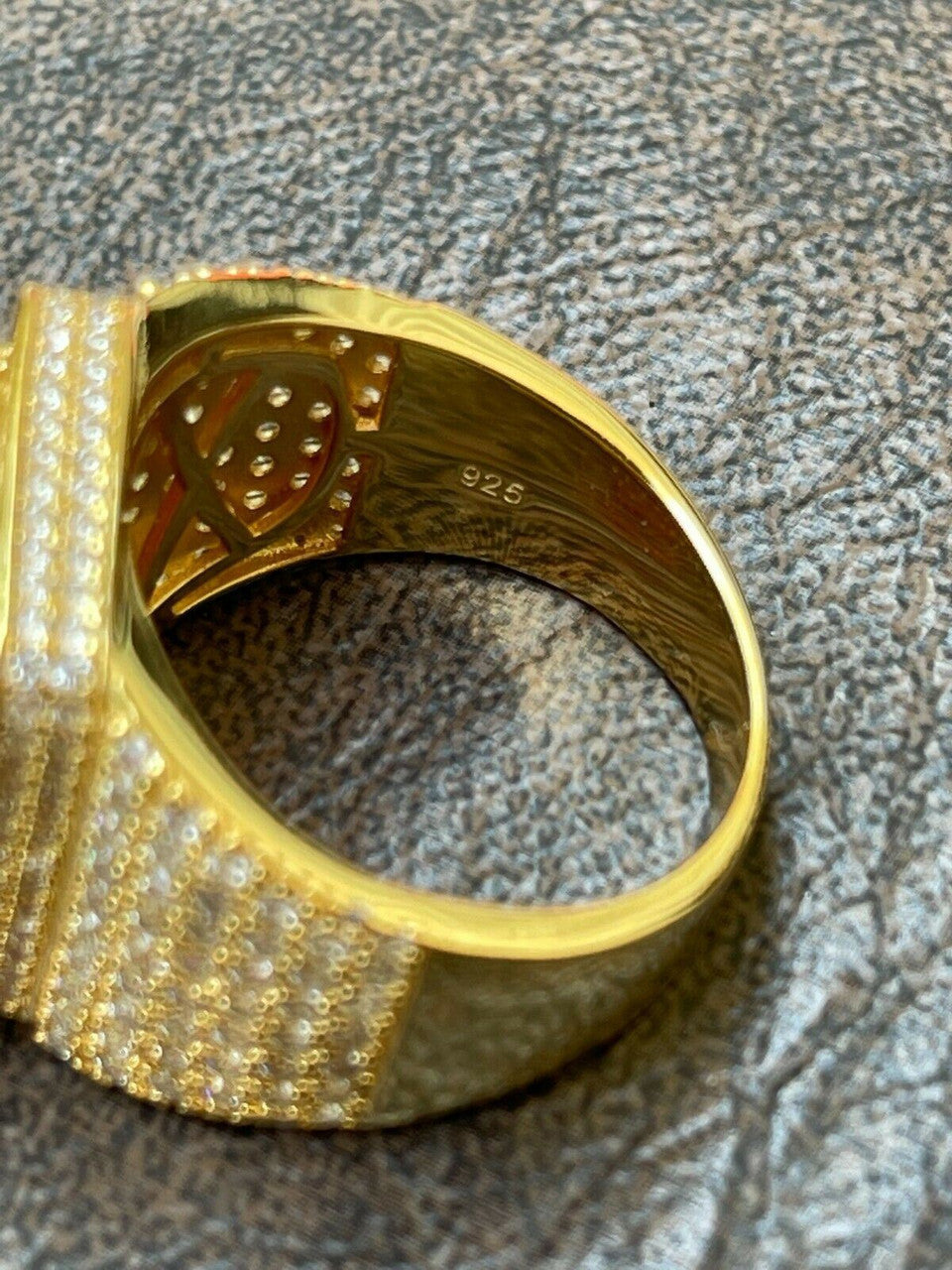 HarlemBling Mens Iced Diamond 14k Gold Vermeil Out Real 925 Silver Ruby Red Stone Big Ring