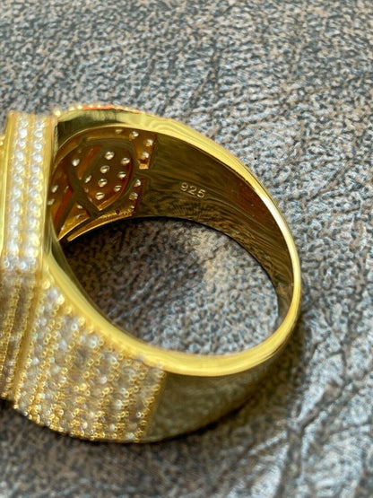 HarlemBling Mens Iced Diamond 14k Gold Vermeil Out Real 925 Silver Ruby Red Stone Big Ring
