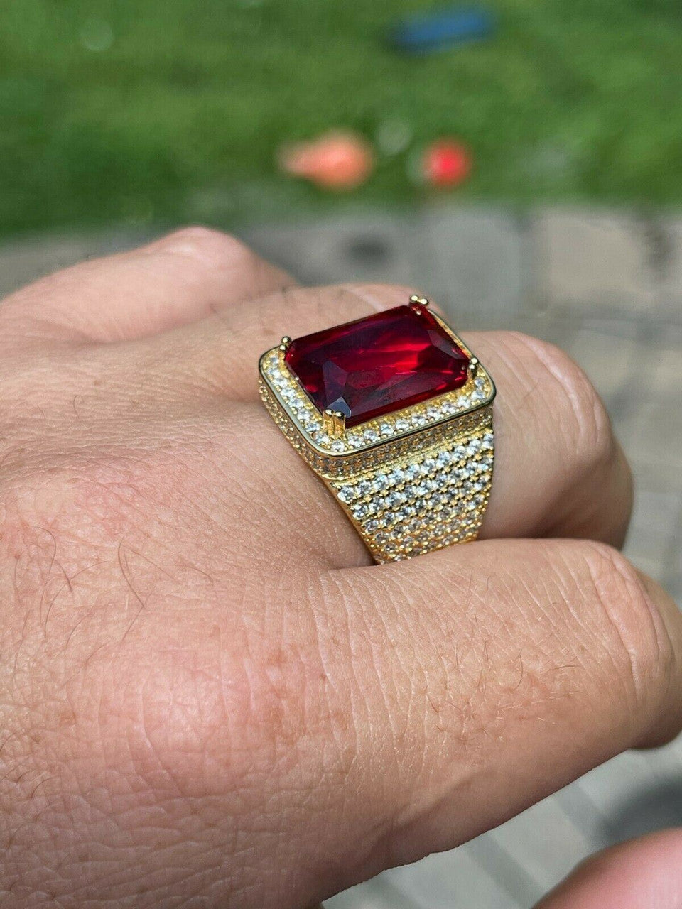 HarlemBling Mens Iced Diamond 14k Gold Vermeil Out Real 925 Silver Ruby Red Stone Big Ring