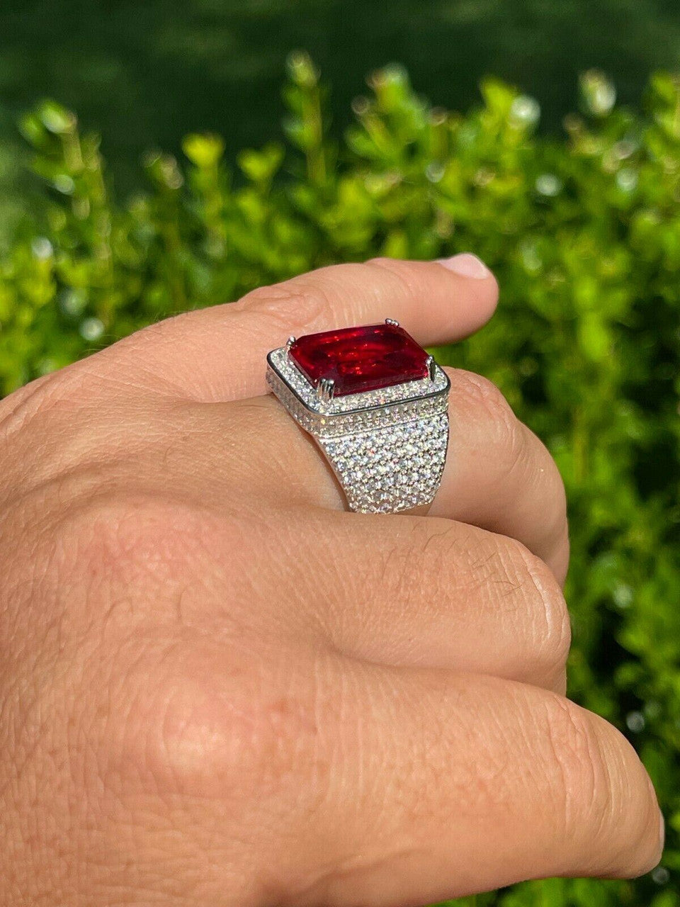 Mens Iced Flooded Out Diamond Real 925 Sterling Silver Ruby Red