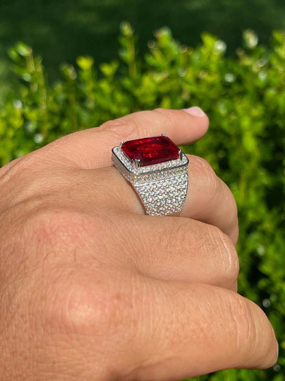 HarlemBling Mens Iced Flooded Out Diamond Real 925 Sterling Silver Ruby Red Stone Big Ring