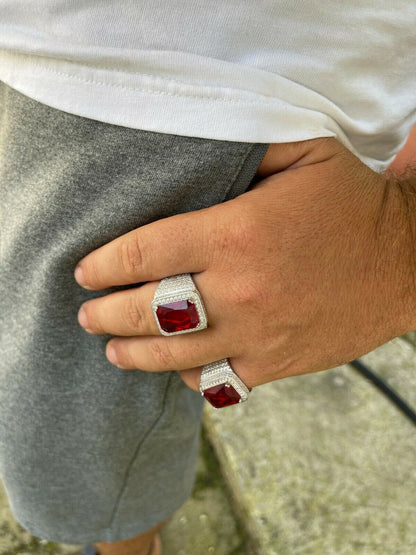 HarlemBling Mens Iced Flooded Out Diamond Real 925 Sterling Silver Ruby Red Stone Big Ring