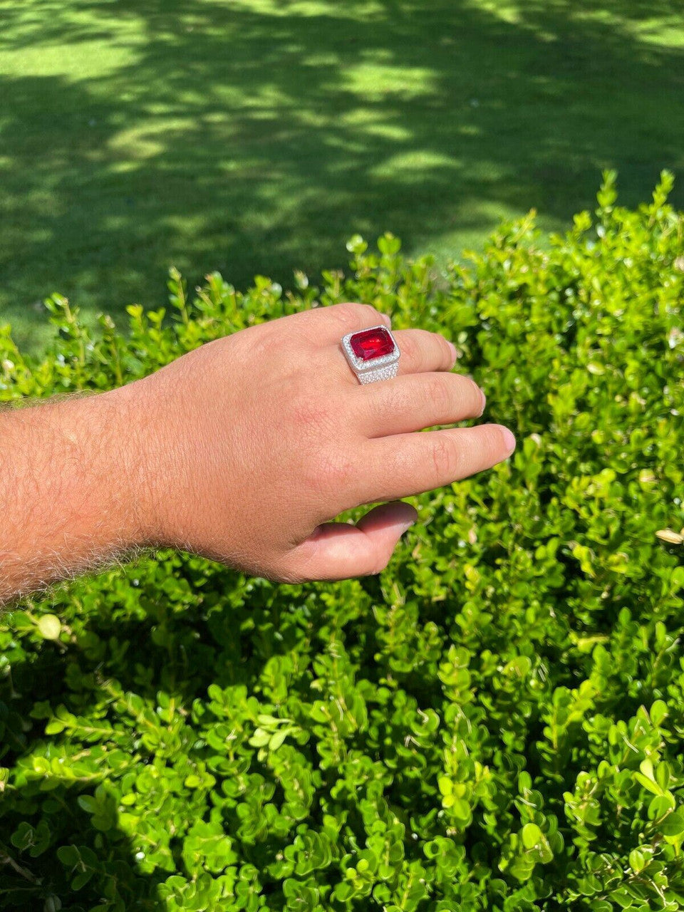 HarlemBling Mens Iced Flooded Out Diamond Real 925 Sterling Silver Ruby Red Stone Big Ring