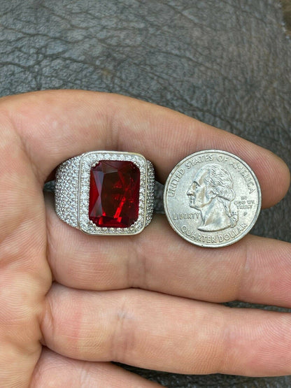 HarlemBling Mens Iced Flooded Out Diamond Real 925 Sterling Silver Ruby Red Stone Big Ring