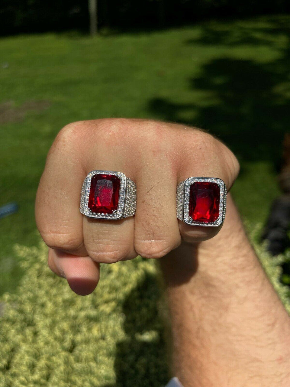 HarlemBling Mens Iced Flooded Out Diamond Real 925 Sterling Silver Ruby Red Stone Big Ring