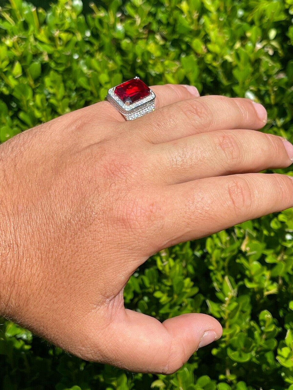 HarlemBling Mens Iced Flooded Out Diamond Real 925 Sterling Silver Ruby Red Stone Big Ring