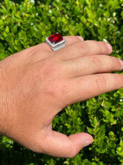 HarlemBling Mens Iced Flooded Out Diamond Real 925 Sterling Silver Ruby Red Stone Big Ring