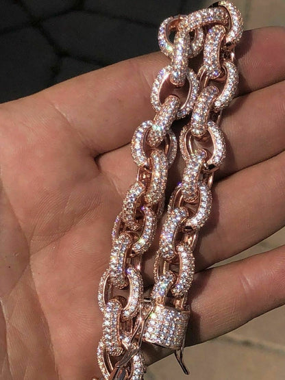 HarlemBling Mens Iced Hip Hop Rolo Bracelet Rose Gold and Real Solid 925 Silver Diamonds 12mm