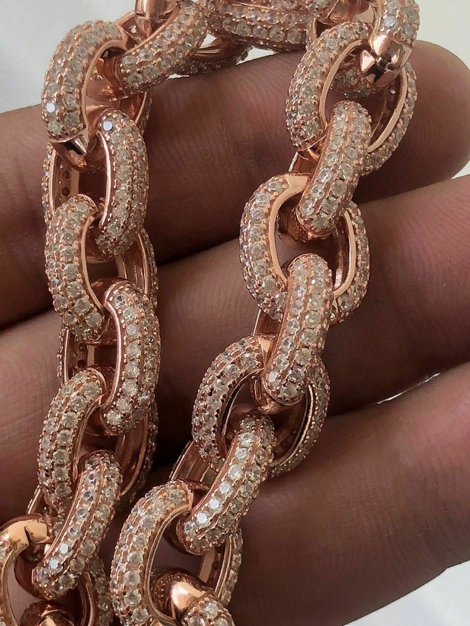 HarlemBling Mens Iced Hip Hop Rolo Bracelet Rose Gold and Real Solid 925 Silver Diamonds 12mm