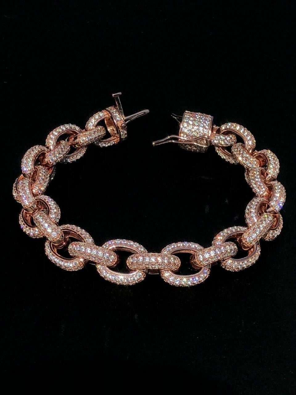 HarlemBling Mens Iced Hip Hop Rolo Bracelet Rose Gold and Real Solid 925 Silver Diamonds 12mm