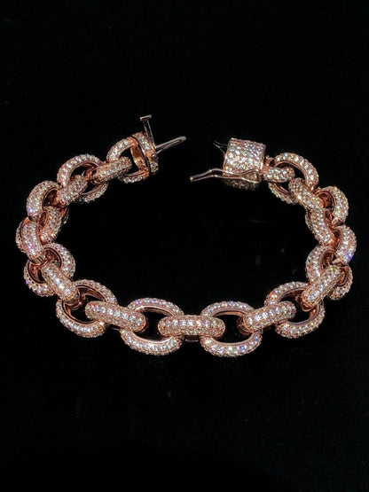 HarlemBling Mens Iced Hip Hop Rolo Bracelet Rose Gold and Real Solid 925 Silver Diamonds 12mm