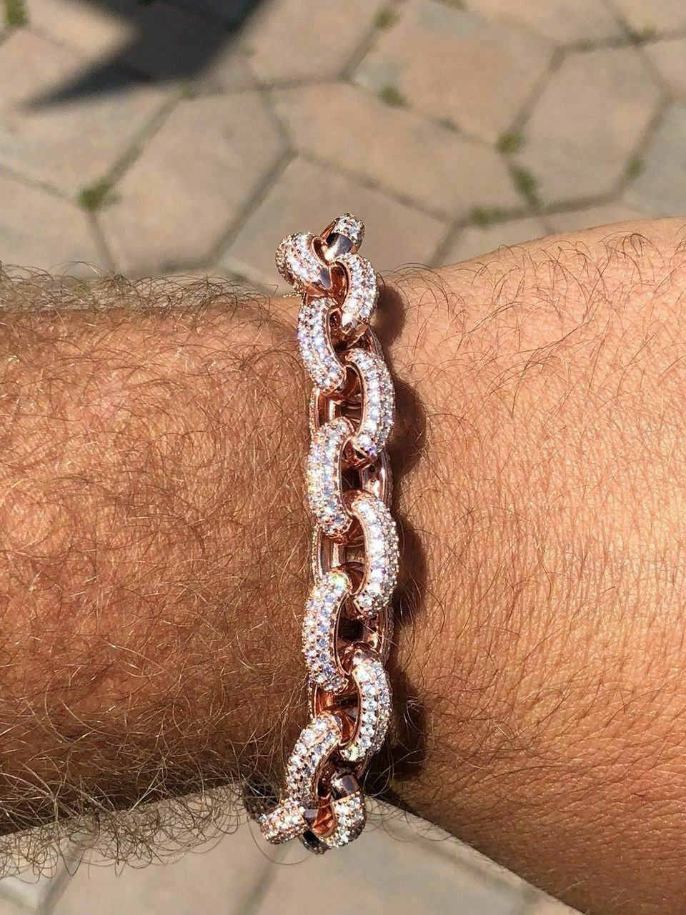 HarlemBling Mens Iced Hip Hop Rolo Bracelet Rose Gold and Real Solid 925 Silver Diamonds 12mm