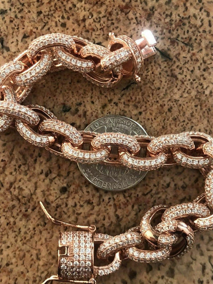HarlemBling Mens Iced Hip Hop Rolo Bracelet Rose Gold and Real Solid 925 Silver Diamonds 12mm