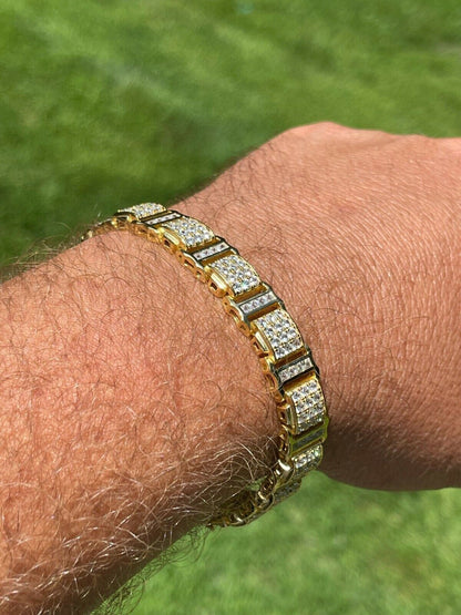 HarlemBling Mens Iced Presidential Bracelet 14k Yellow Gold Over Solid 925 Silver Diamonds