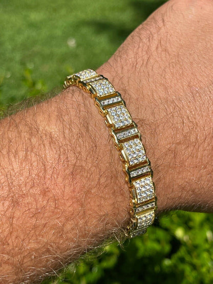 HarlemBling Mens Iced Presidential Bracelet 14k Yellow Gold Over Solid 925 Silver Diamonds