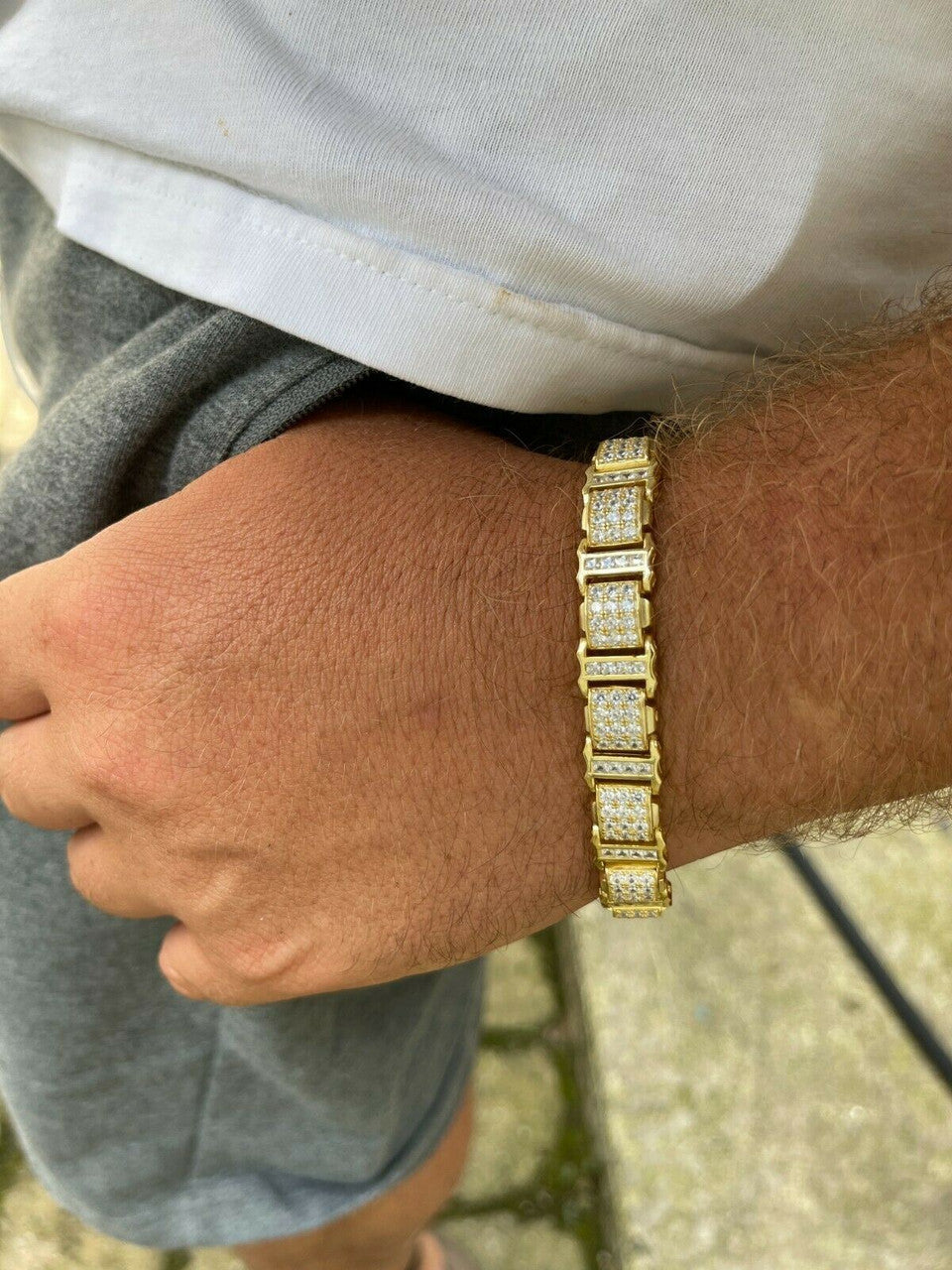 HarlemBling Mens Iced Presidential Bracelet 14k Yellow Gold Over Solid 925 Silver Diamonds