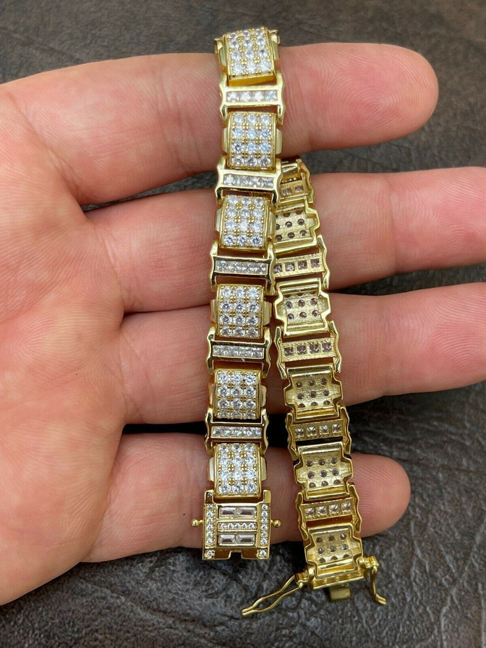 HarlemBling Mens Iced Presidential Bracelet 14k Yellow Gold Over Solid 925 Silver Diamonds