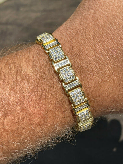 HarlemBling Mens Iced Presidential Bracelet 14k Yellow Gold Over Solid 925 Silver Diamonds