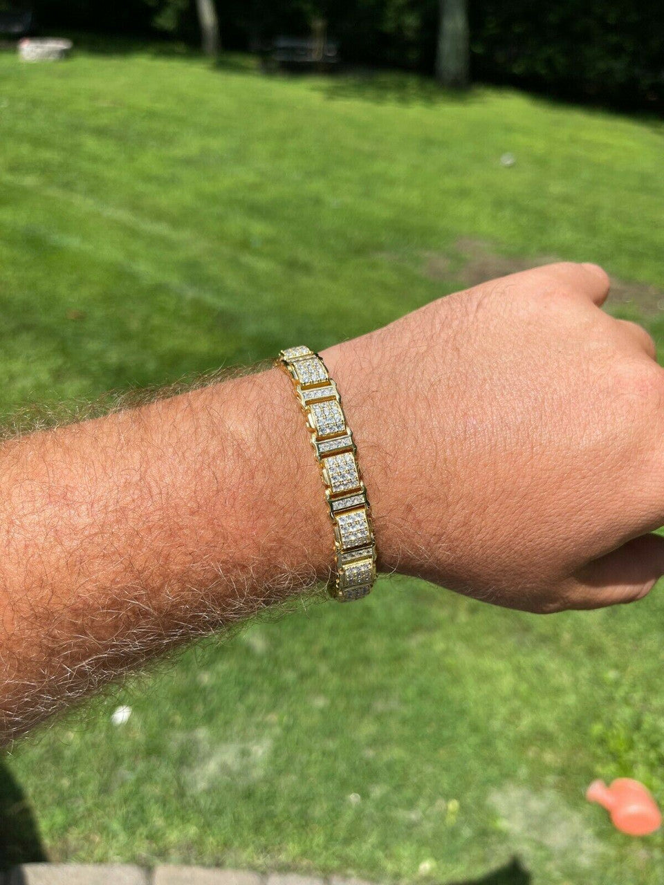 HarlemBling Mens Iced Presidential Bracelet 14k Yellow Gold Over Solid 925 Silver Diamonds