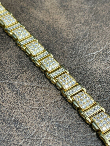 HarlemBling Mens Iced Presidential Bracelet 14k Yellow Gold Over Solid 925 Silver Diamonds