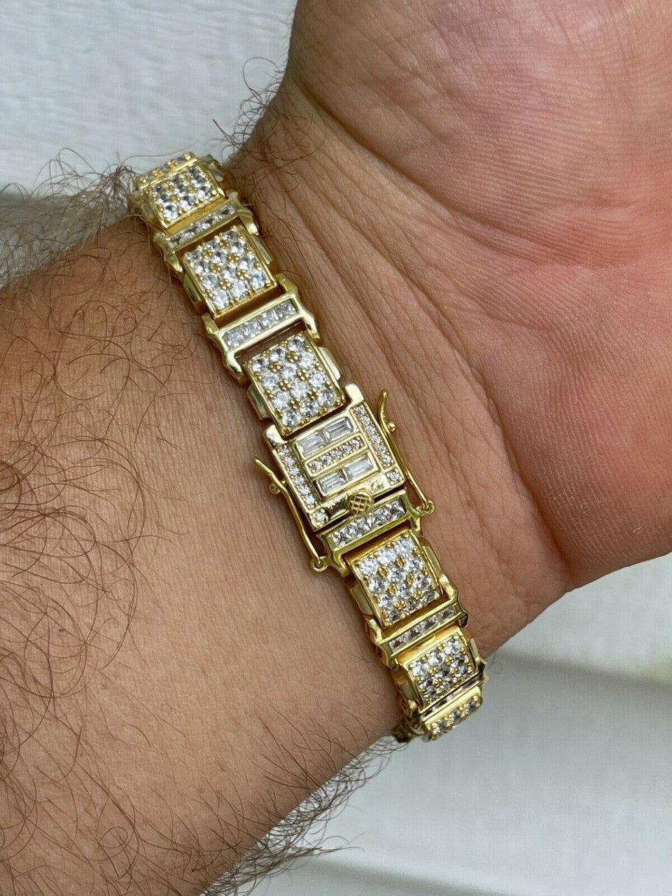 HarlemBling Mens Iced Presidential Bracelet 14k Yellow Gold Over Solid 925 Silver Diamonds