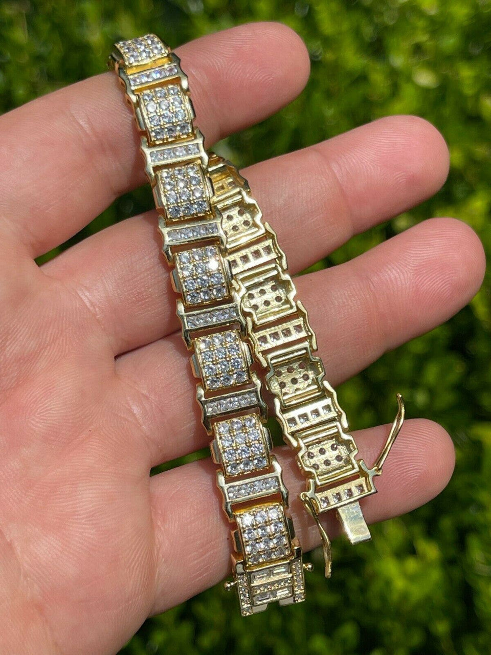HarlemBling Mens Iced Presidential Bracelet 14k Yellow Gold Over Solid 925 Silver Diamonds