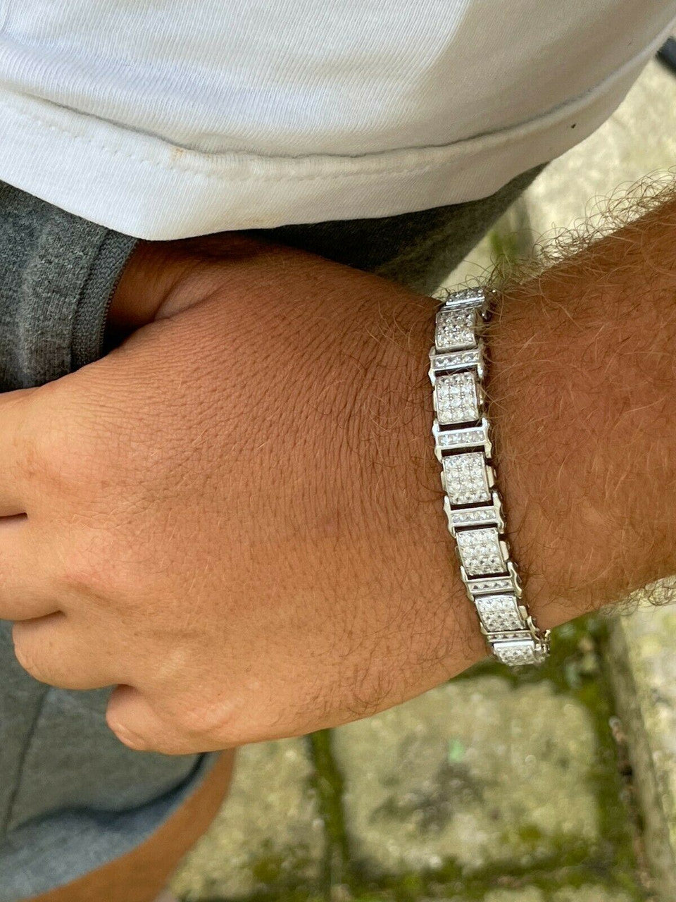 HarlemBling Mens Iced Presidential Bracelet Solid 925 Sterling Silver Diamonds