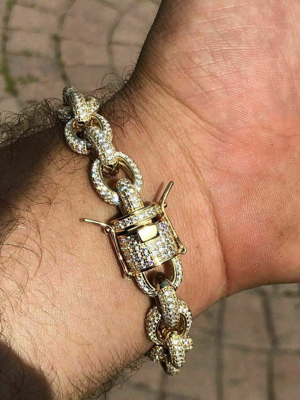 HarlemBling Mens ICY Hip Hop Rolo Bracelet 14k Gold Over Solid 925 Silver Diamond 12mm REAL