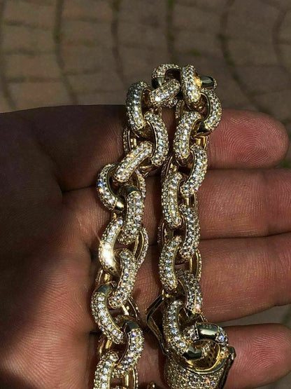 HarlemBling Mens ICY Hip Hop Rolo Bracelet 14k Gold Over Solid 925 Silver Diamond 12mm REAL