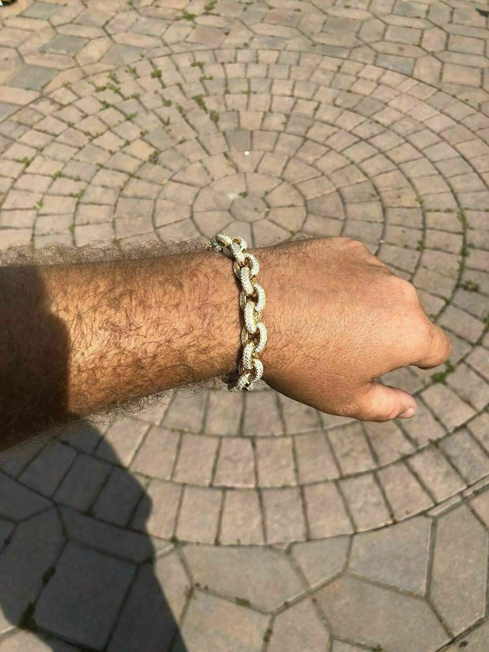 HarlemBling Mens ICY Hip Hop Rolo Bracelet 14k Gold Over Solid 925 Silver Diamond 12mm REAL