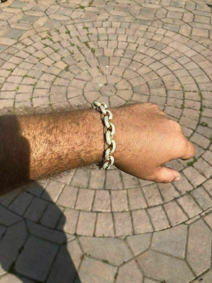 HarlemBling Mens ICY Hip Hop Rolo Bracelet 14k Gold Over Solid 925 Silver Diamond 12mm REAL