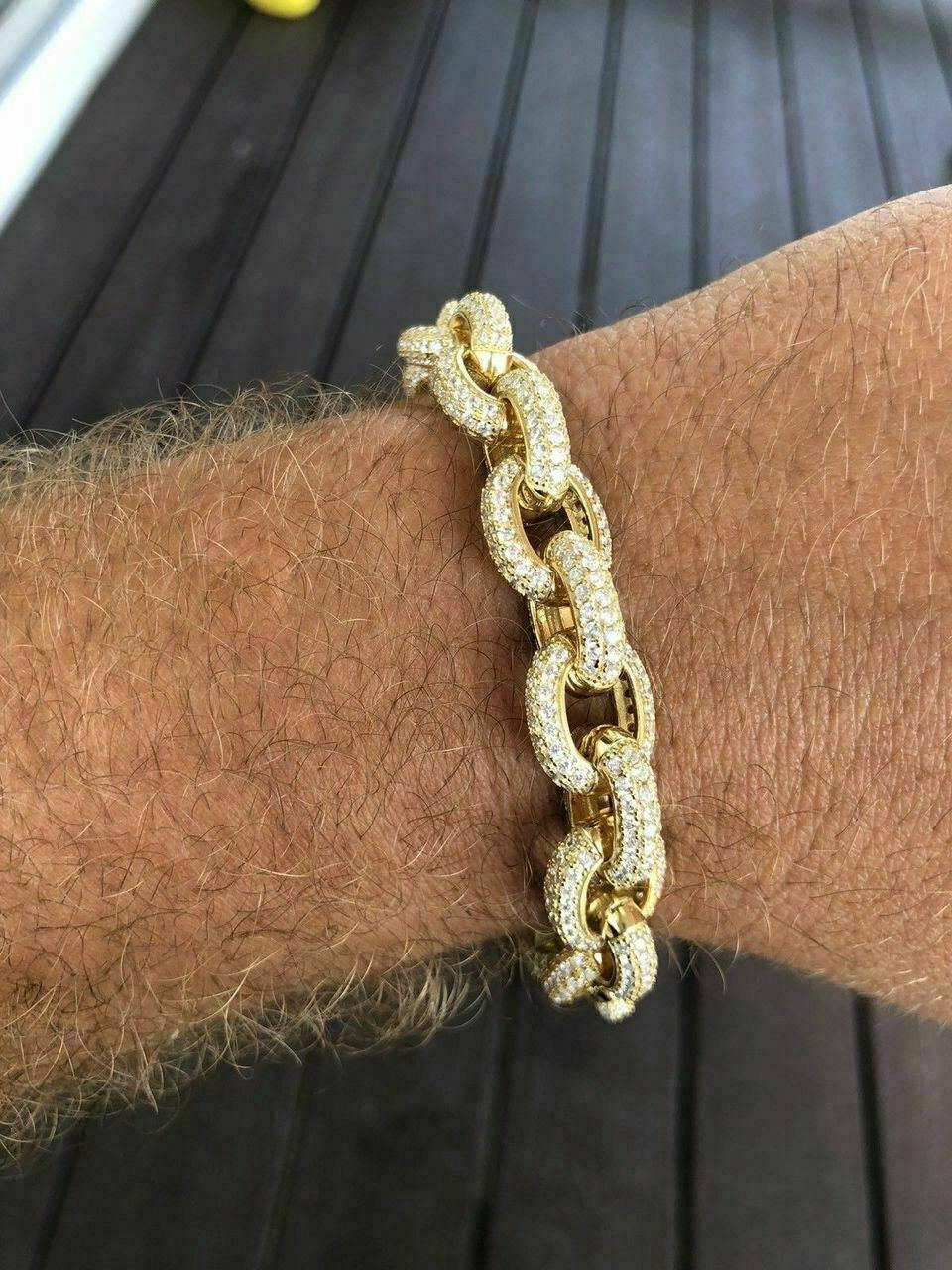 HarlemBling Mens ICY Hip Hop Rolo Bracelet 14k Gold Over Solid 925 Silver Diamond 12mm REAL