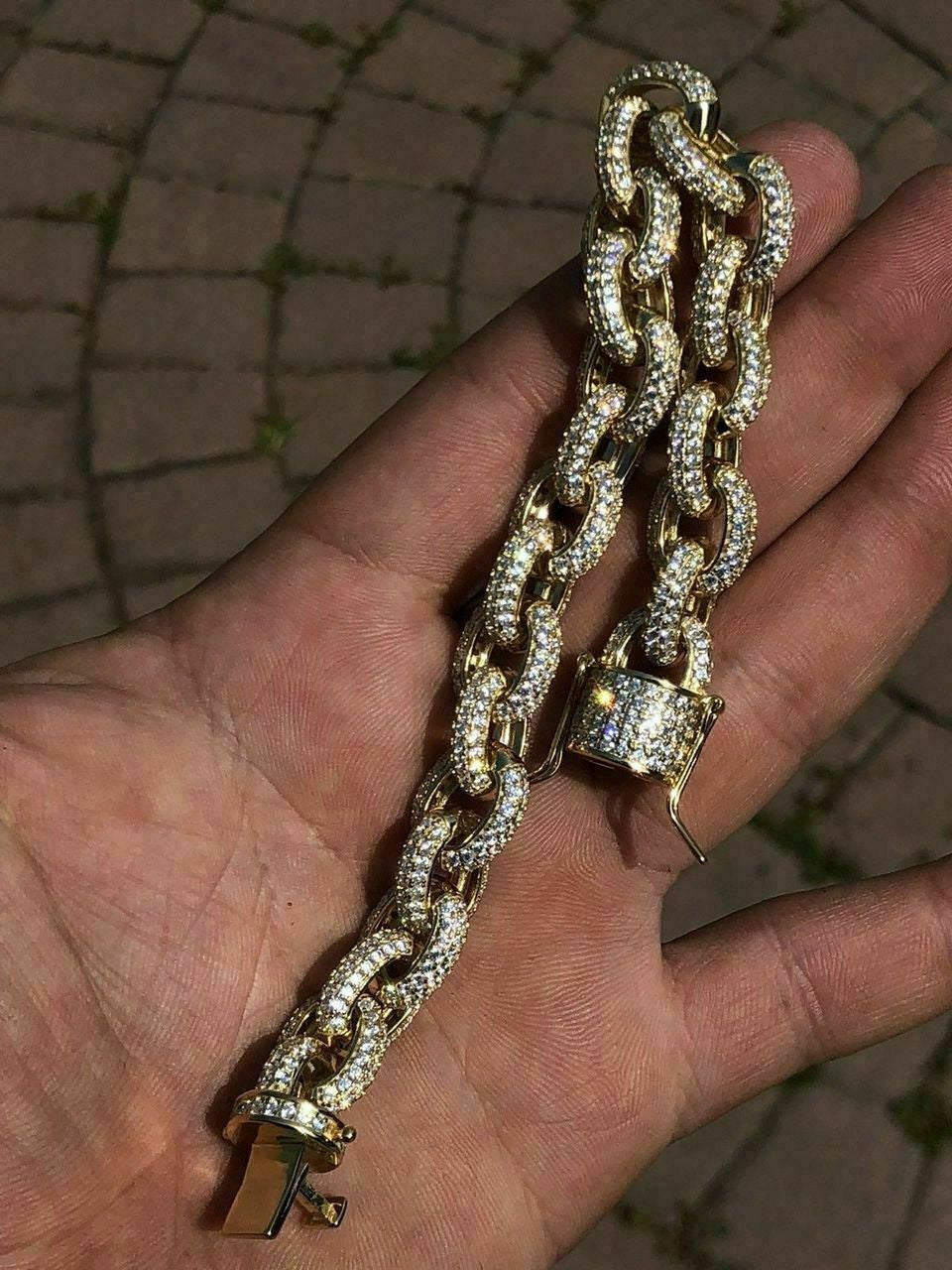 HarlemBling Mens ICY Hip Hop Rolo Bracelet 14k Gold Over Solid 925 Silver Diamond 12mm REAL