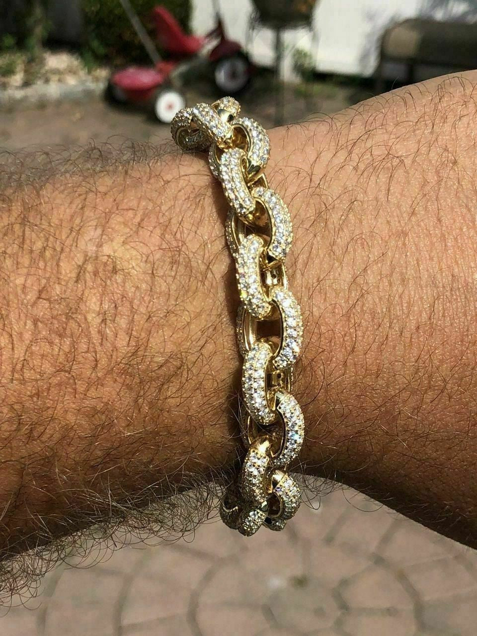 HarlemBling Mens ICY Hip Hop Rolo Bracelet 14k Gold Over Solid 925 Silver Diamond 12mm REAL