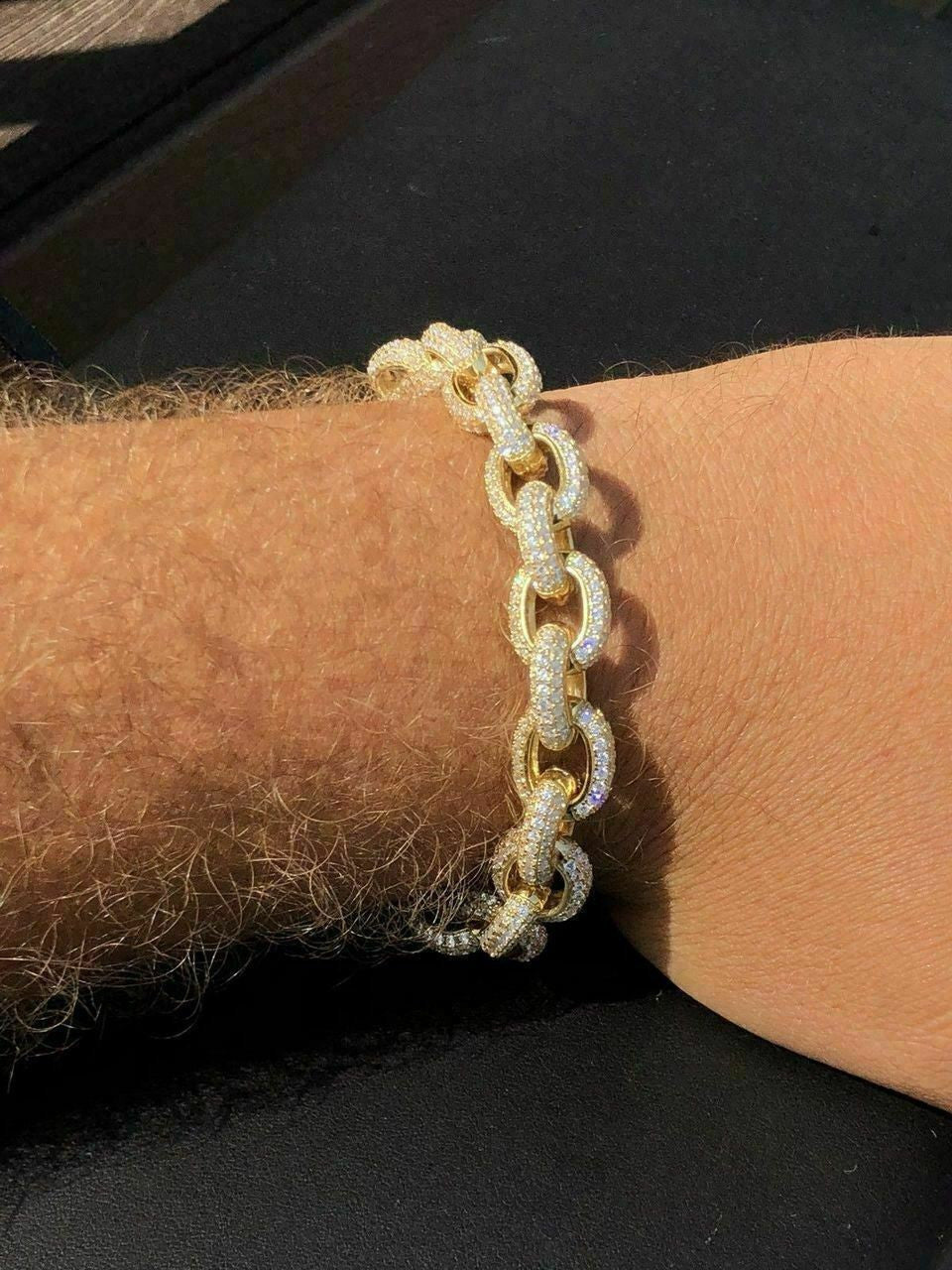 HarlemBling Mens ICY Hip Hop Rolo Bracelet 14k Gold Over Solid 925 Silver Diamond 12mm REAL