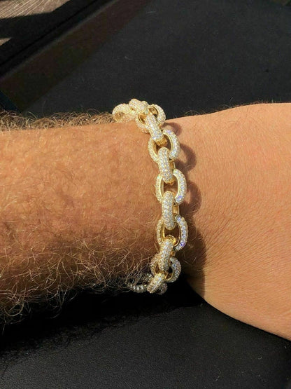 HarlemBling Mens ICY Hip Hop Rolo Bracelet 14k Gold Over Solid 925 Silver Diamond 12mm REAL